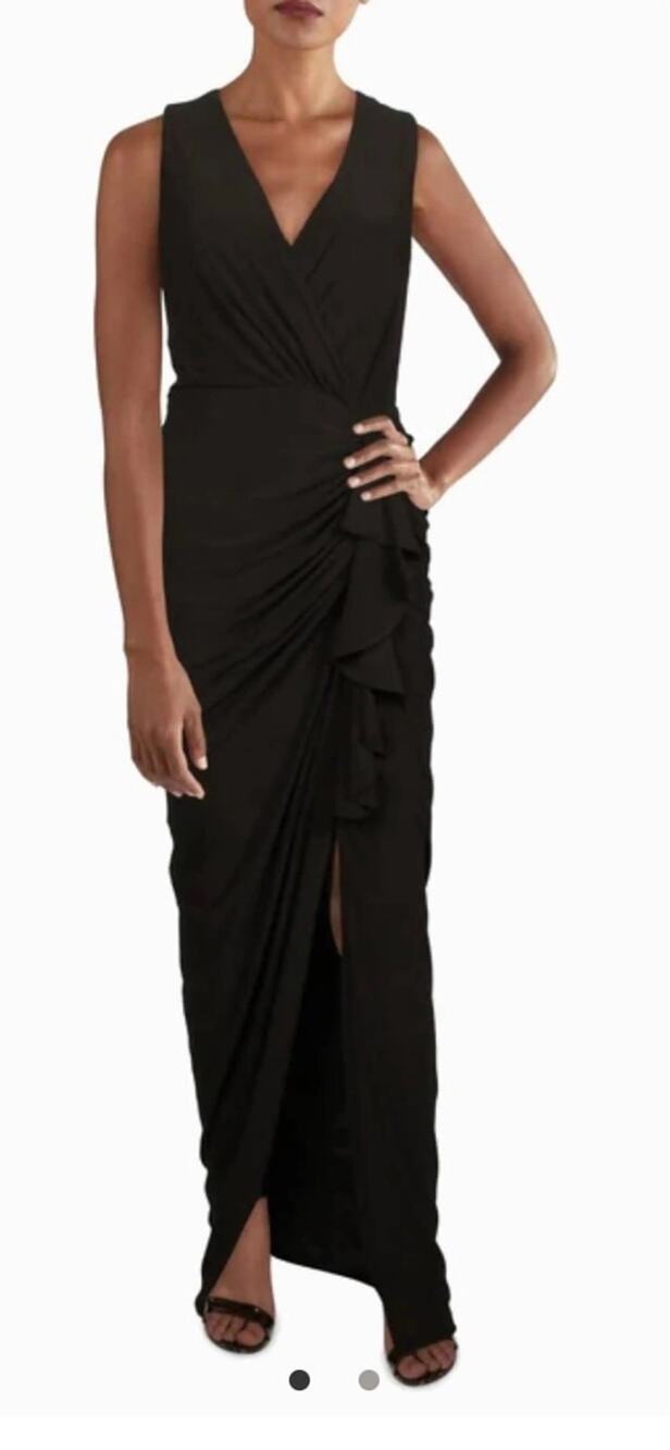 Betsy & Adam Black Ruched Ruffle Sleeveless V-Neck Cocktail Column Gown Size 10